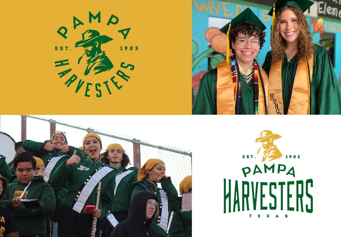 Collage showcasing Pampa ISD student life, including happy graduates in caps and gowns and the marching band, paired with the Harvesters branding.