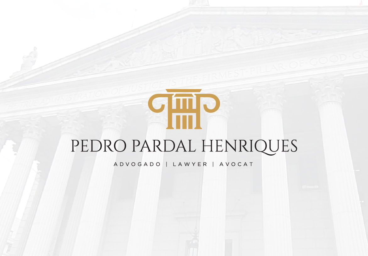 Official branding for Pedro Pardal Henriques featuring the golden column monogram and text reading 'Advogado | Lawyer | Avocat' to highlight international legal services.