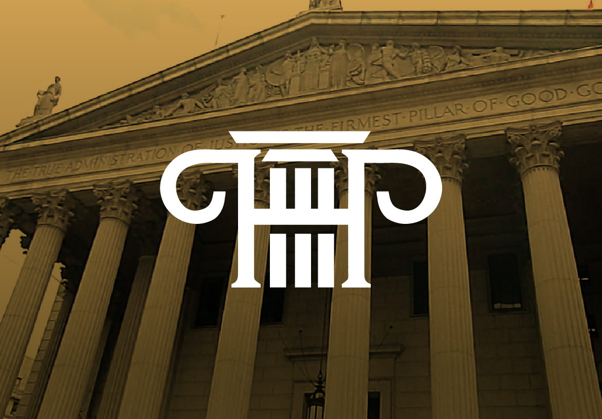 White monogram logo for Pedro Pardal Henriques, where the letters P and H form a classical law column, overlaid on a sepia-toned courthouse building in Porto.