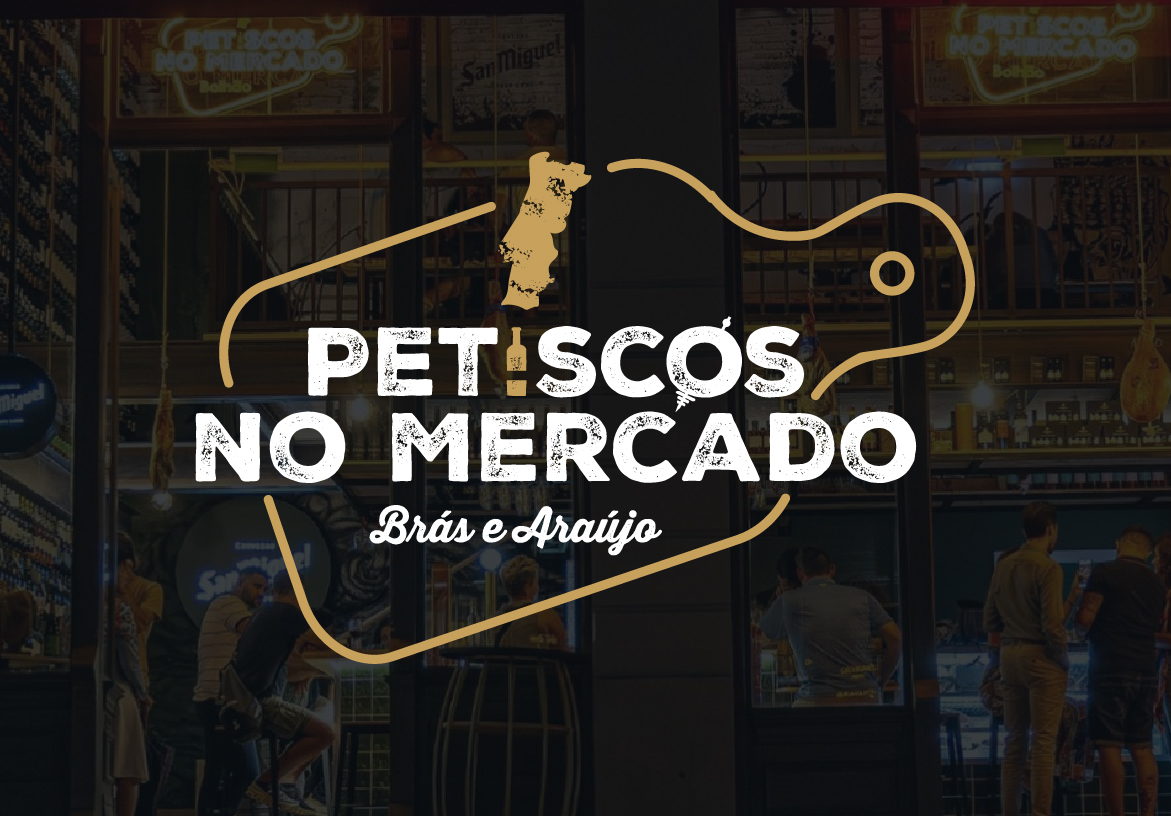 Logo for Petiscos no Mercado featuring a cutting board outline and Portugal map icon, representing traditional food by Brás e Araújo in Porto's Bolhão Market.