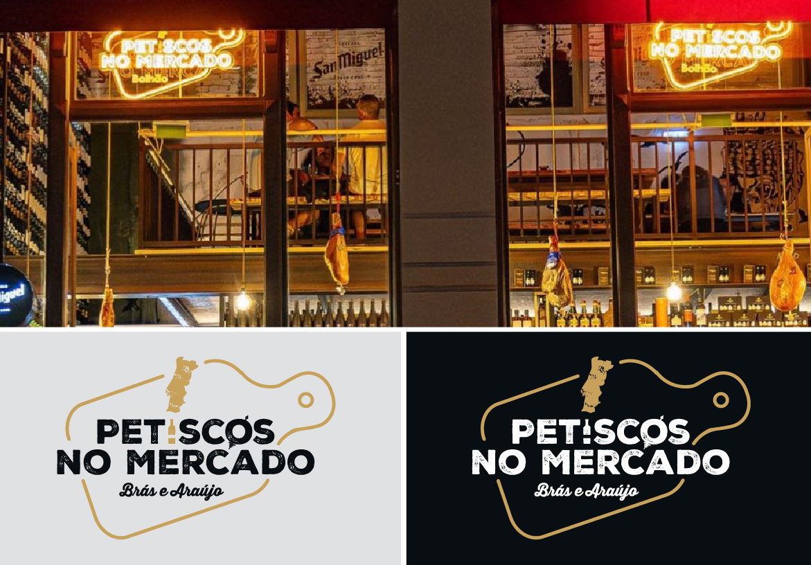 Collage showing the vibrant neon signage at Petiscos no Mercado inside the market, paired with the official gold and black logo variations.