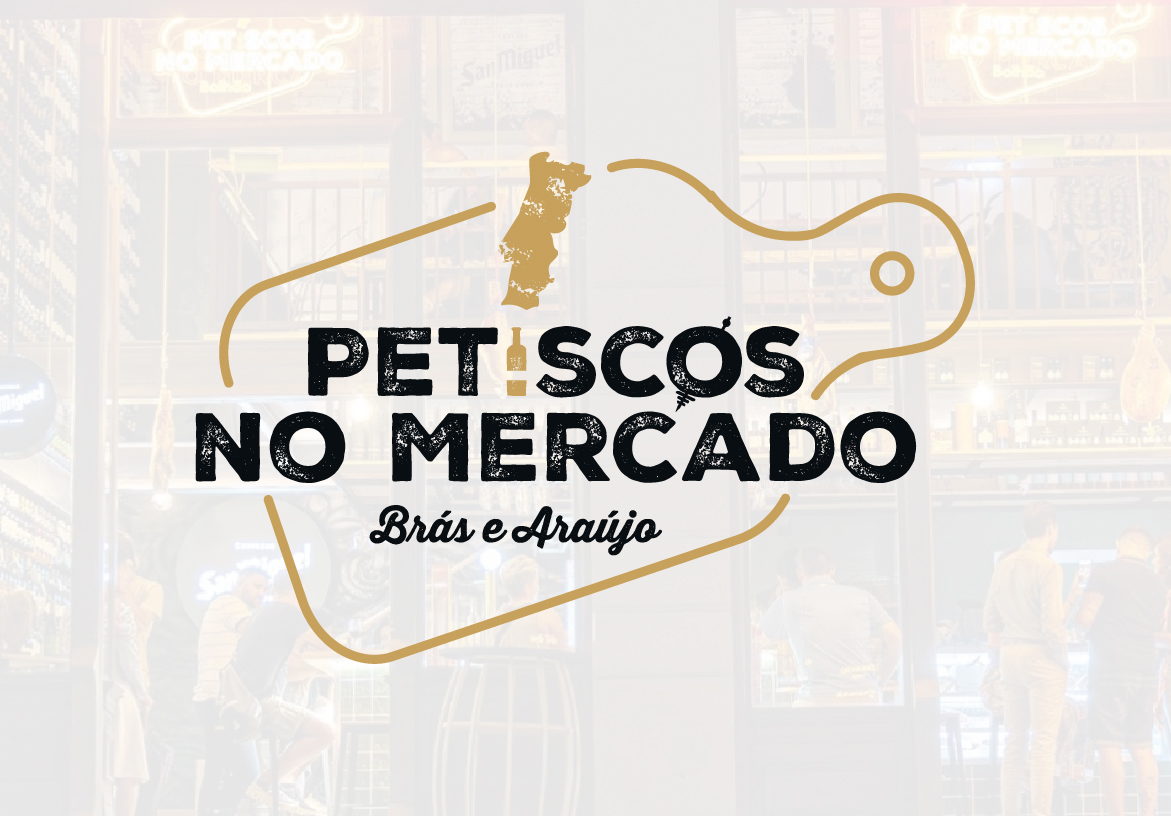 Official logo design for Petiscos no Mercado, highlighting the cutting board concept and the tagline 'Brás e Araújo' against a clean white background.