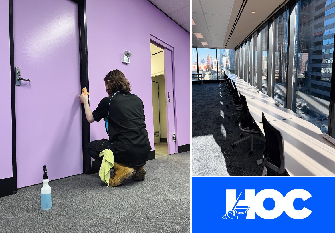 Professional cleaning staff from HOC performing a detailed final clean on a commercial office door frame, displayed next to the company logo.