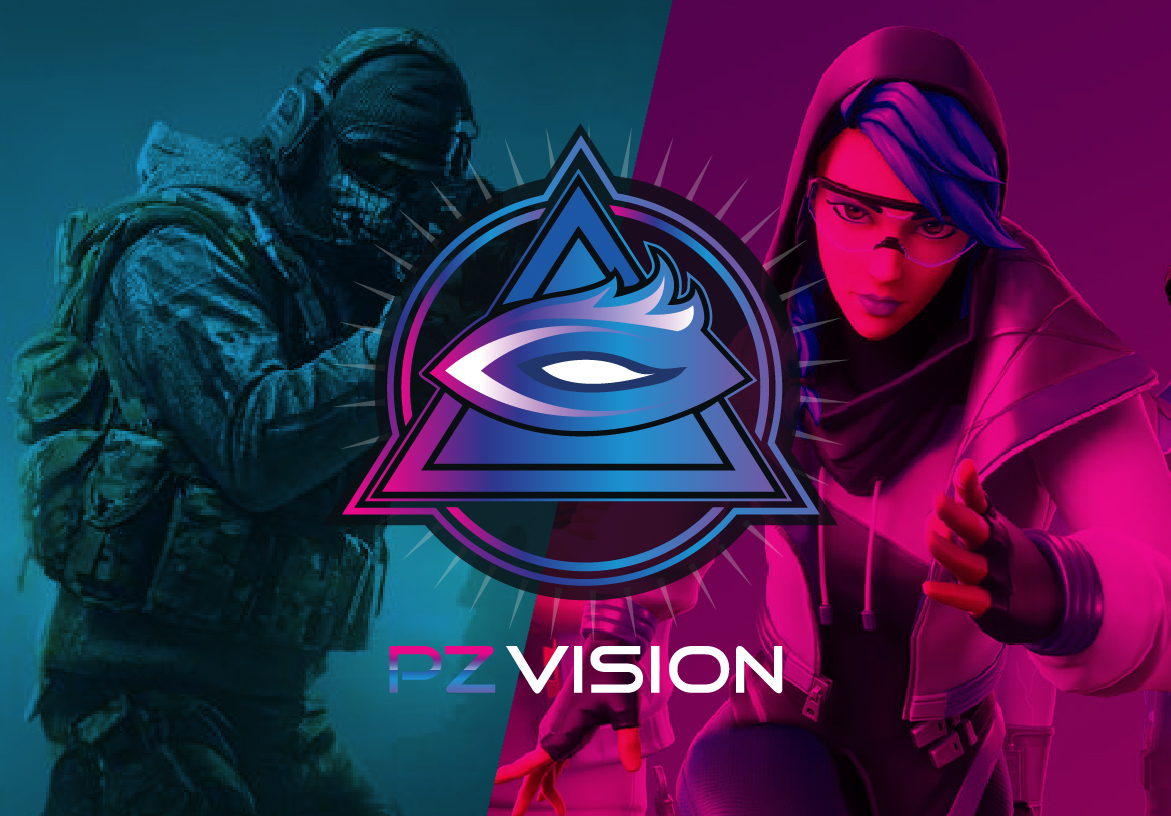 PZ Vision branding overlay on a tactical gaming character with neon pink and blue lighting, showcasing the visual identity for a celebrity streamer.