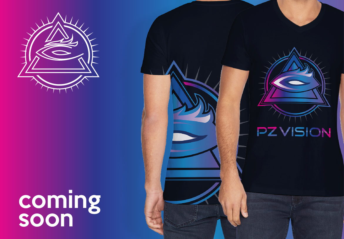 Black t-shirt merchandise mockup featuring the PZ Vision logo, designed for fans of the Los Angeles-based pro gamer.