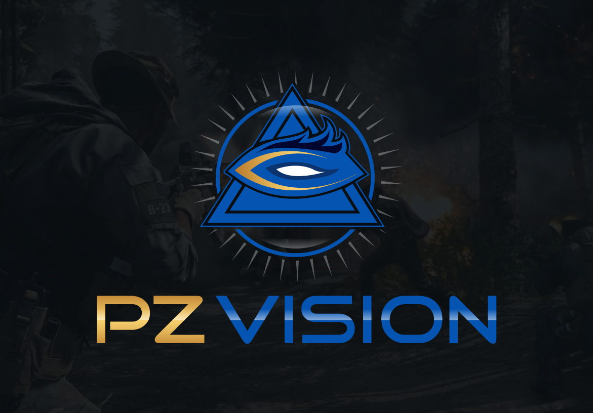 PZ Vision pro gamer logo featuring a metallic blue eye inside a triangle, set against a dark background representing the esports industry.