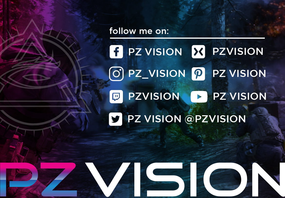 Social media banner design for PZ Vision displaying handles for Twitch, Instagram, and Facebook against a dark forest gaming background.