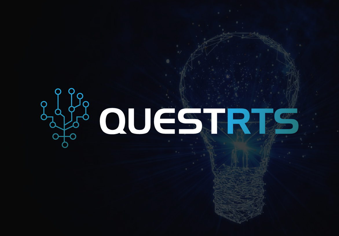 Full Quest RTS branding featuring the circuit tree icon and sleek white typography, illuminated by a digital light bulb concept in the background.