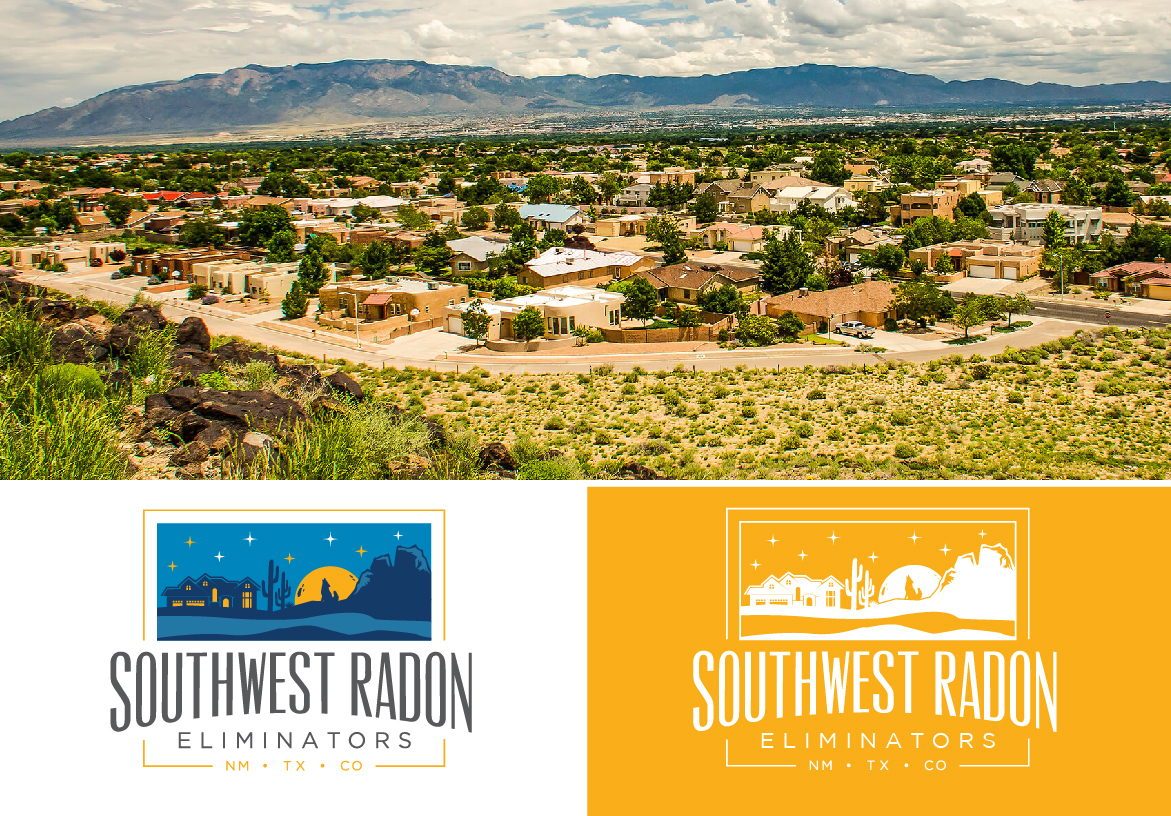 Aerial view of a residential neighborhood in the Southwest, paired with the official blue and gold branding blocks for Southwest Radon Eliminators.