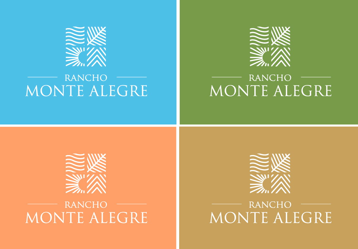 Brand identity color palette for Rancho Monte Alegre showing the logo on blue, green, orange, and tan backgrounds representing the elements of the American Riviera.