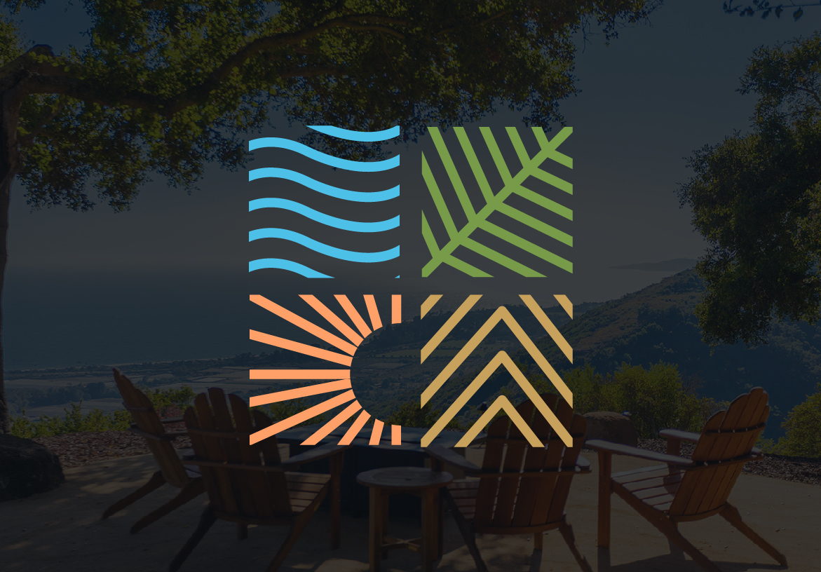 Rancho Monte Alegre logo featuring elemental symbols for sun, water, and nature, overlaid on a scenic sunset view of a luxury ranch patio overlooking the Santa Barbara coast.