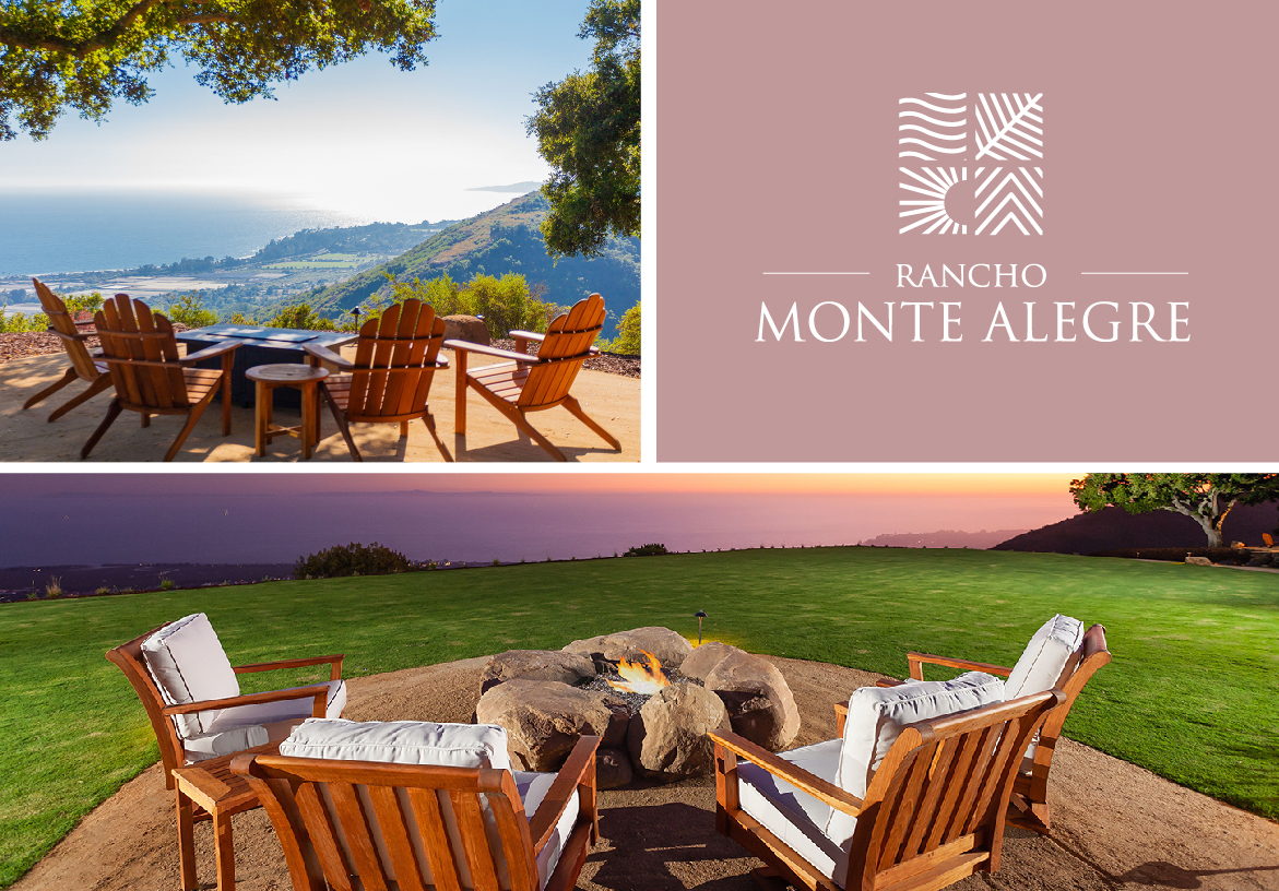 Collage showcasing the breathtaking ocean and mountain views from Rancho Monte Alegre, paired with the brand's logo on dusty rose and warm earth-tone backgrounds.