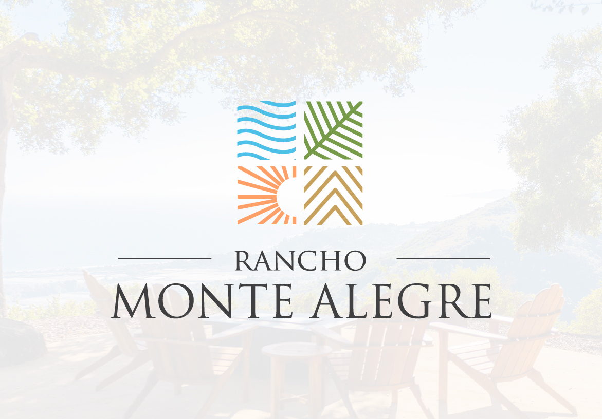 Official logo design for Rancho Monte Alegre, a luxury real estate community in Santa Barbara, featuring a four-quadrant icon representing the diverse natural landscape.