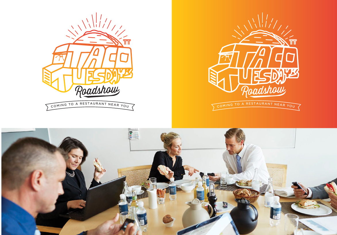 Business professionals networking over lunch at a Taco Tuesday's Roadshow event in Arizona, paired with the event's vibrant orange and yellow branding.