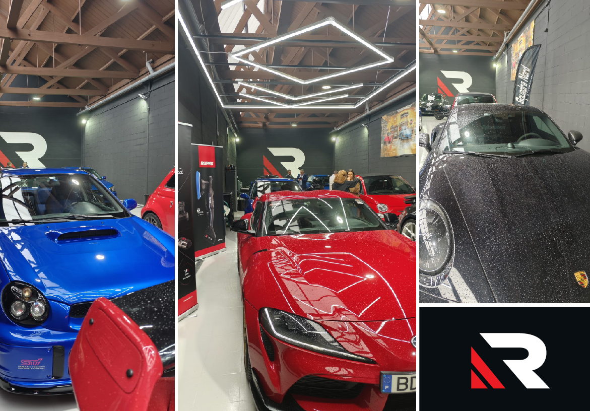 Portfolio showcase of Refinatto Auto Detail, featuring high-performance vehicles like a Porsche, Toyota Supra, and Subaru WRX receiving premium treatment.
