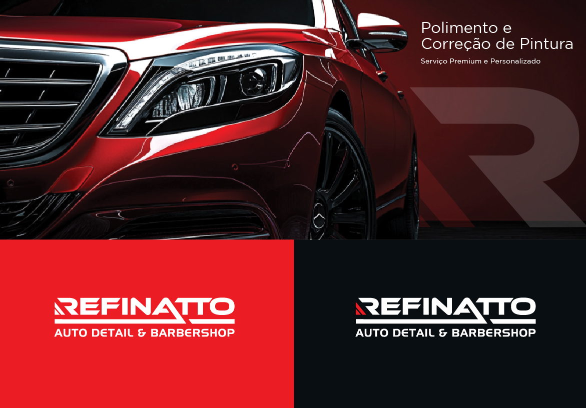 Marketing visuals for Refinatto highlighting 'Polimento e Correção de Pintura' (Paint Correction) services, featuring a close-up of a red luxury car alongside branded logo blocks.