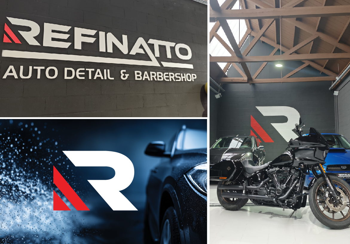 Interior view of the Refinatto shop featuring modern hexagonal ceiling lighting, wall signage, and a premium detailing bay for cars and motorcycles.