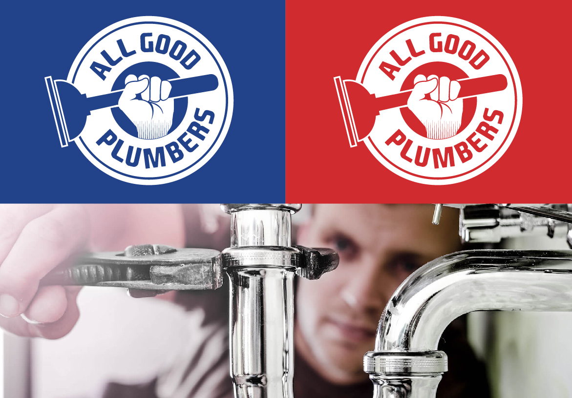 Brand identity showcase for All Good Plumbers, displaying the logo variations alongside an image of expert staff performing emergency pipe repairs.