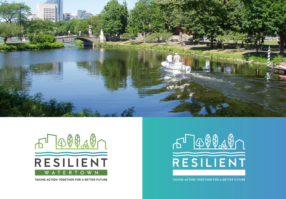 Brand identity showcase for Resilient Watertown, displaying scenic views of the local river and bike paths alongside the official green and blue logo variations.