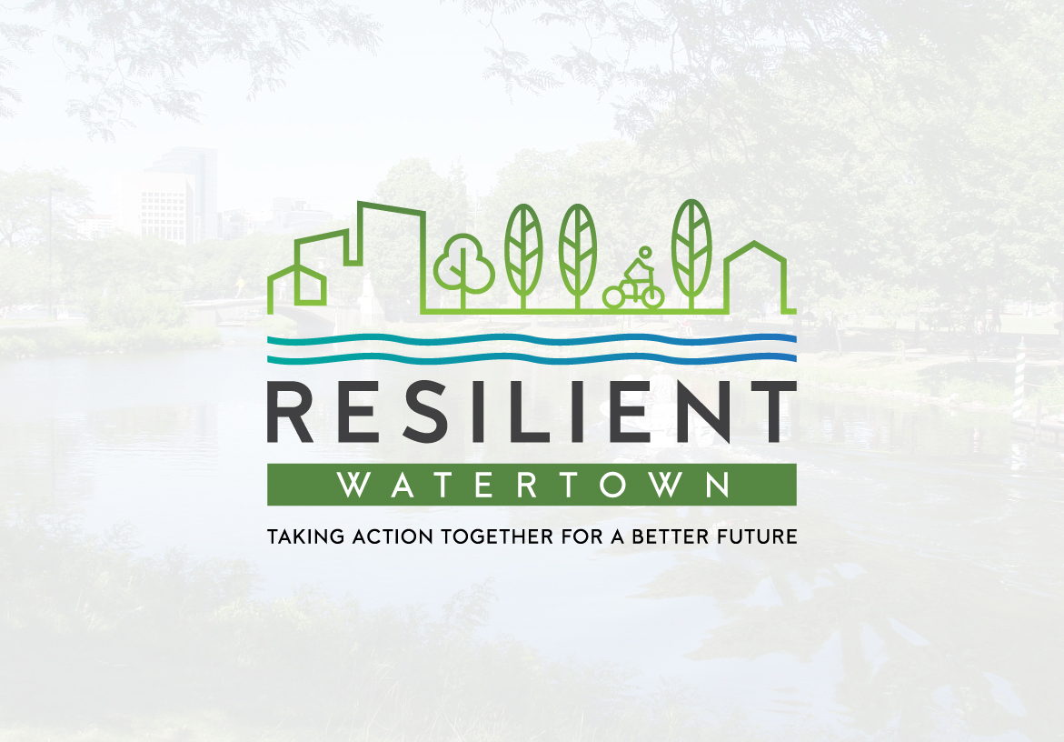 Official logo for Resilient Watertown, the town's sustainability initiative, featuring green trees and blue river waves with the tagline 'Taking action together for a better future'.