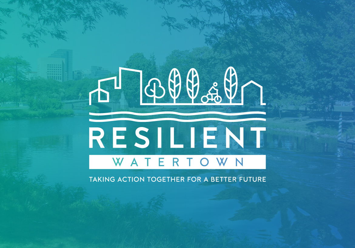 White line-art logo for Resilient Watertown featuring a cityscape, trees, and bicycle, overlaid on a blue-tinted view of the Charles River riverfront.