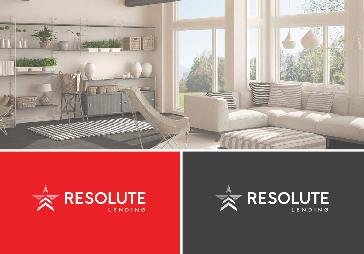 Brand identity collage for Resolute Lending displaying a cozy modern living room interior alongside logo variations on signature red and dark grey backgrounds.
