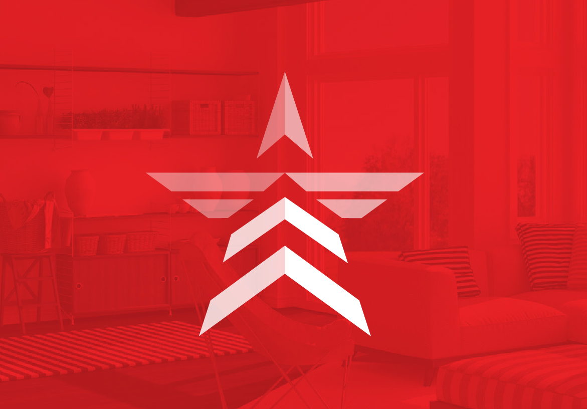 White arrow-star logo icon for Resolute Lending overlaid on a bold red-tinted background of a modern living room, representing strength in the mortgage industry.