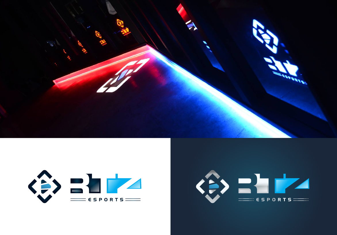 Brand identity collage for RTZ Esports displaying logo variations on white and dark backgrounds alongside moody event lighting photography