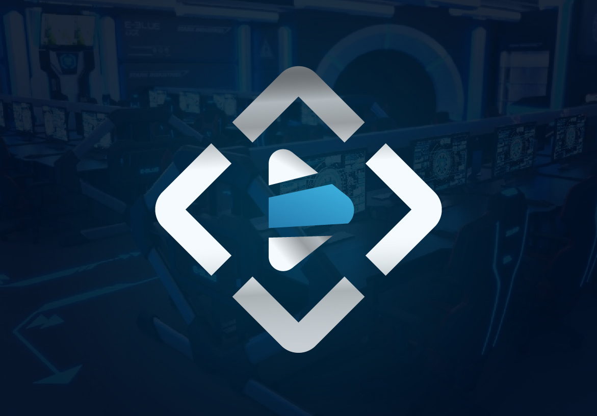 RTZ Esports logo icon featuring a stylized diamond shape formed by brackets and a central play button, set against a dark blue gaming background.