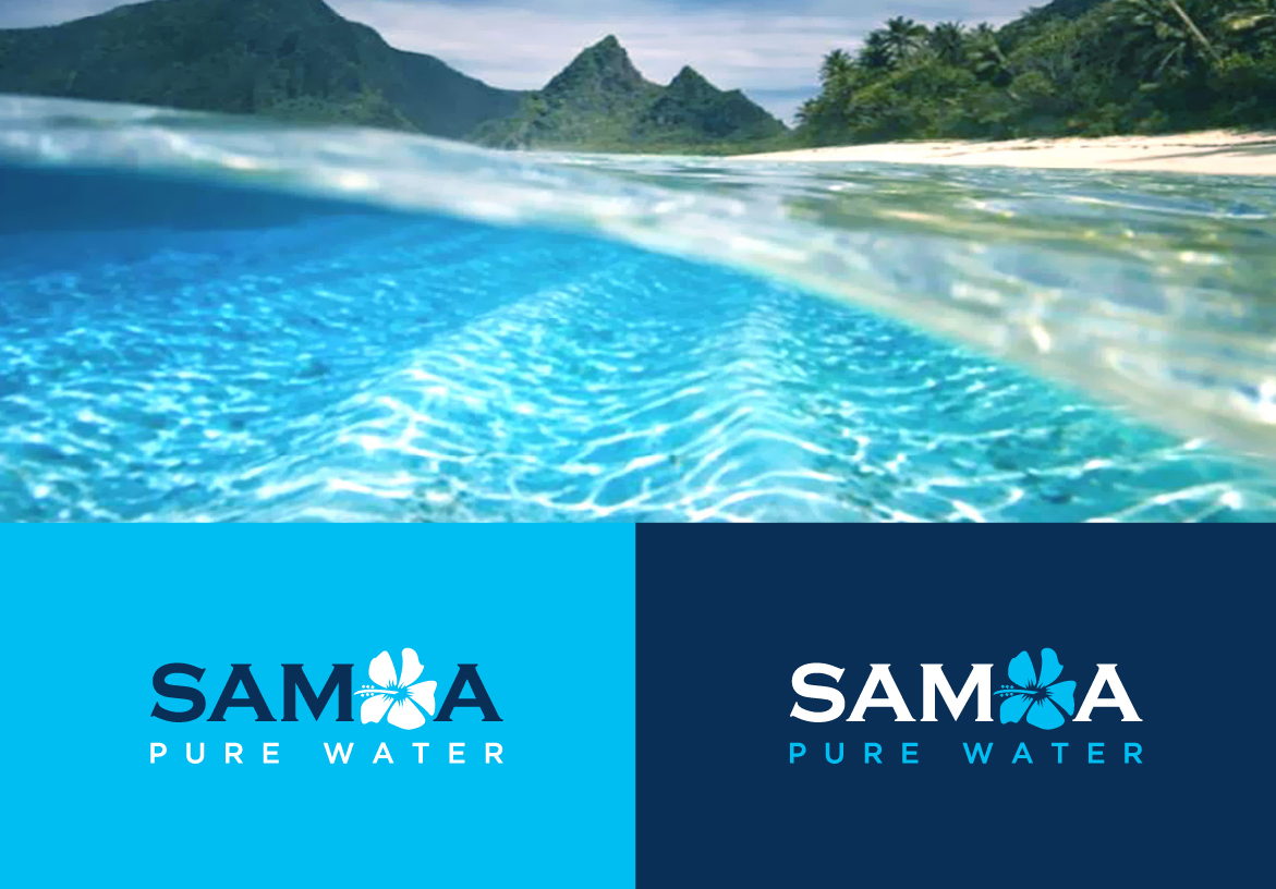 Brand identity collage for Samoa Pure Water showing a crystal clear underwater split shot, paired with logo variations on tropical cyan and navy blue backgrounds.