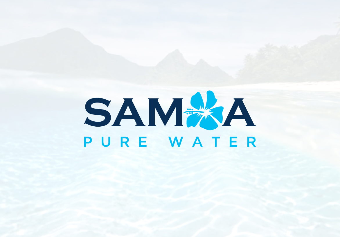 Official logo design for Samoa Pure Water, displayed against a pristine white sand beach background, representing the purity of the Polynesian islands.