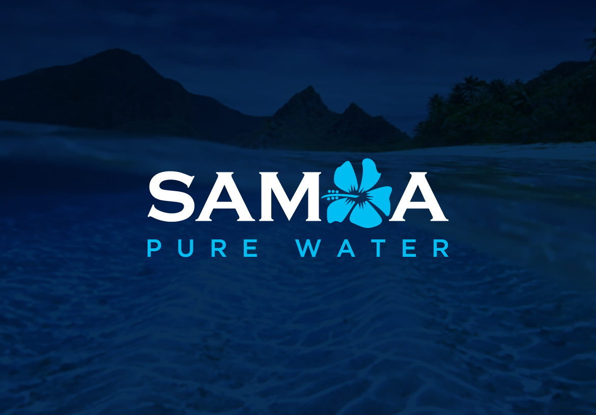 Samoa Pure Water logo featuring a blue hibiscus flower icon, overlaid on a moody, dark blue silhouette of a tropical Samoan island at twilight.