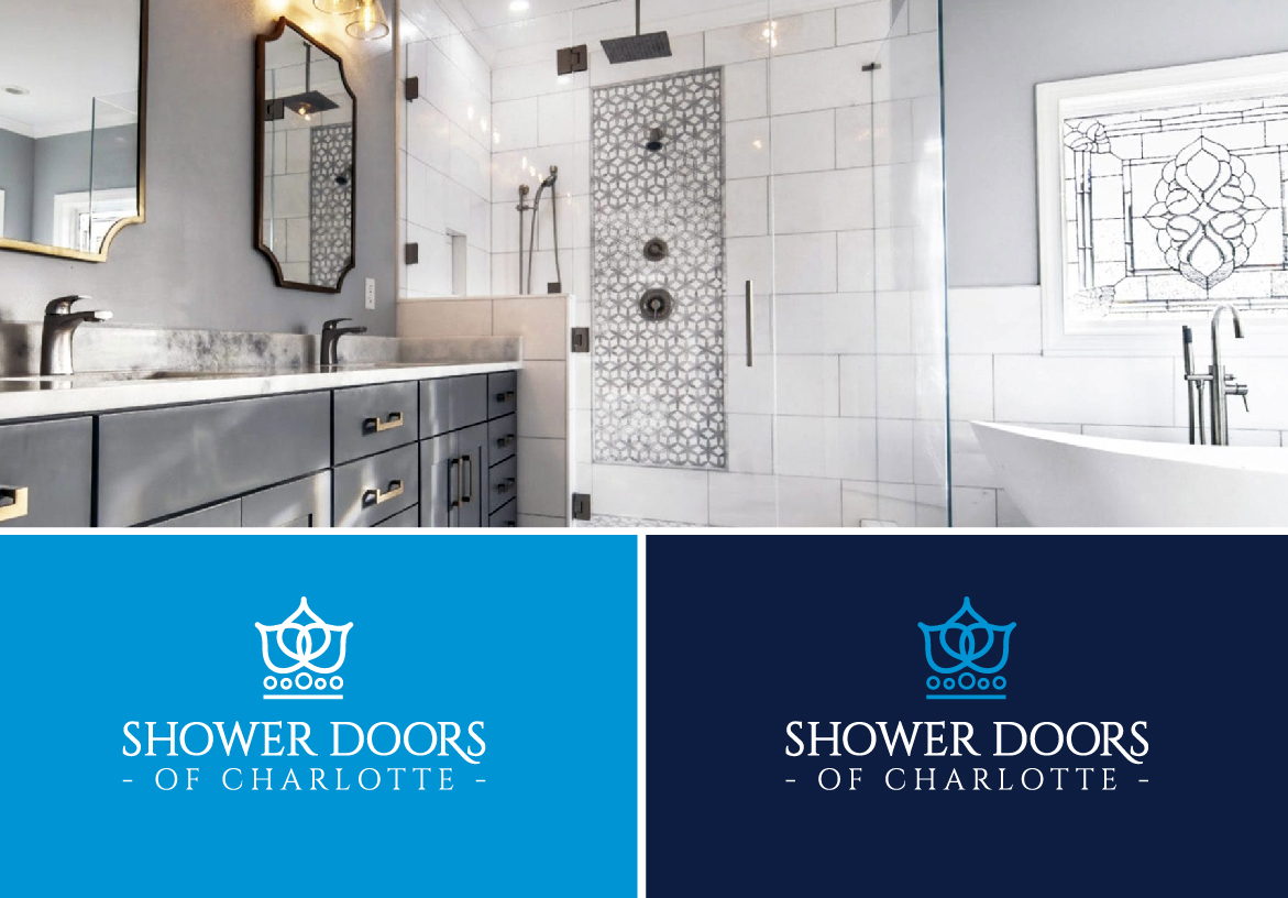 High-end bathroom interior showcasing a custom tile shower, paired with the Shower Doors of Charlotte logo displayed on signature light and dark blue backgrounds.