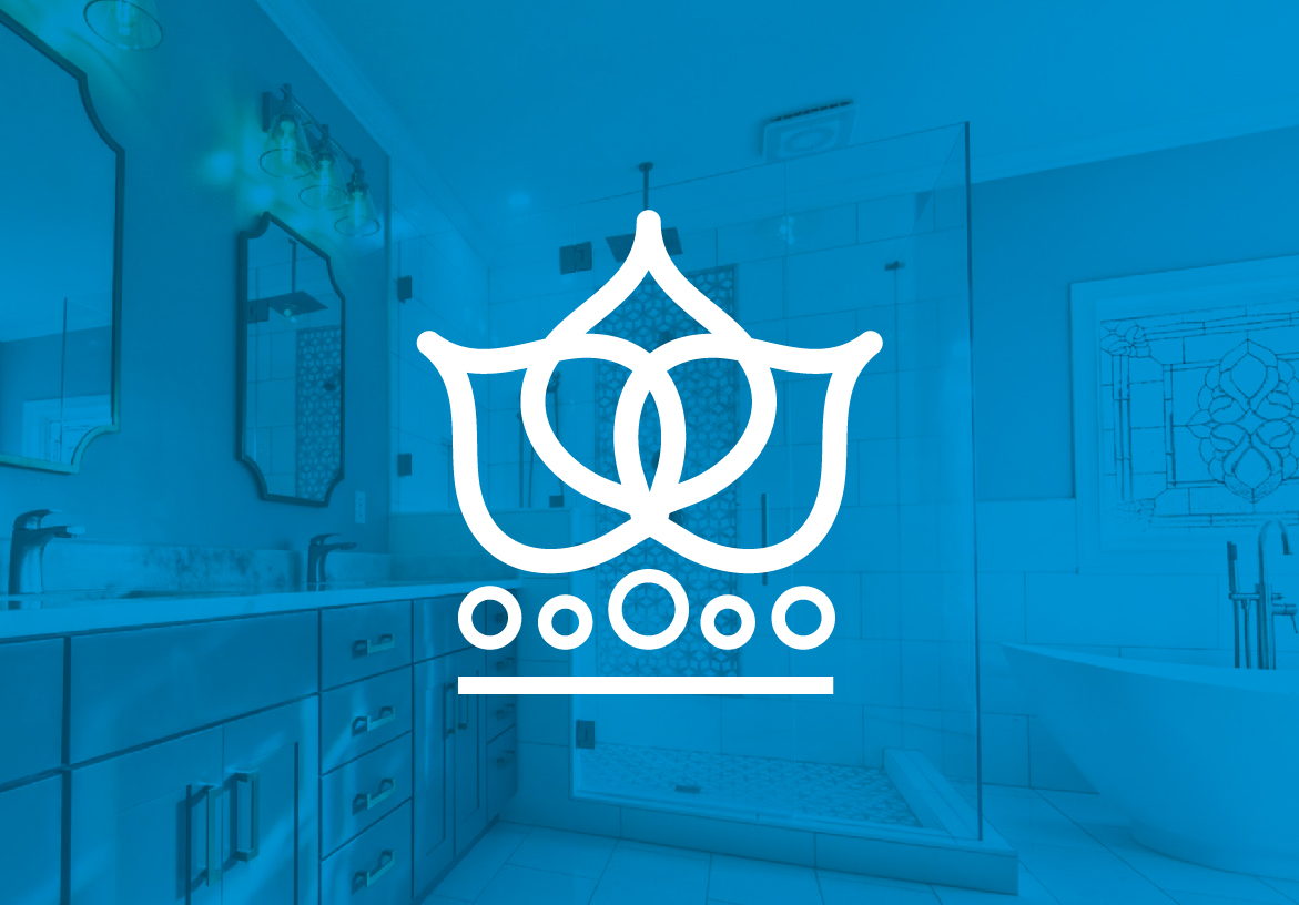 White crown-shaped water splash logo for Shower Doors of Charlotte, overlaid on a blue-tinted modern bathroom featuring a frameless glass shower enclosure.