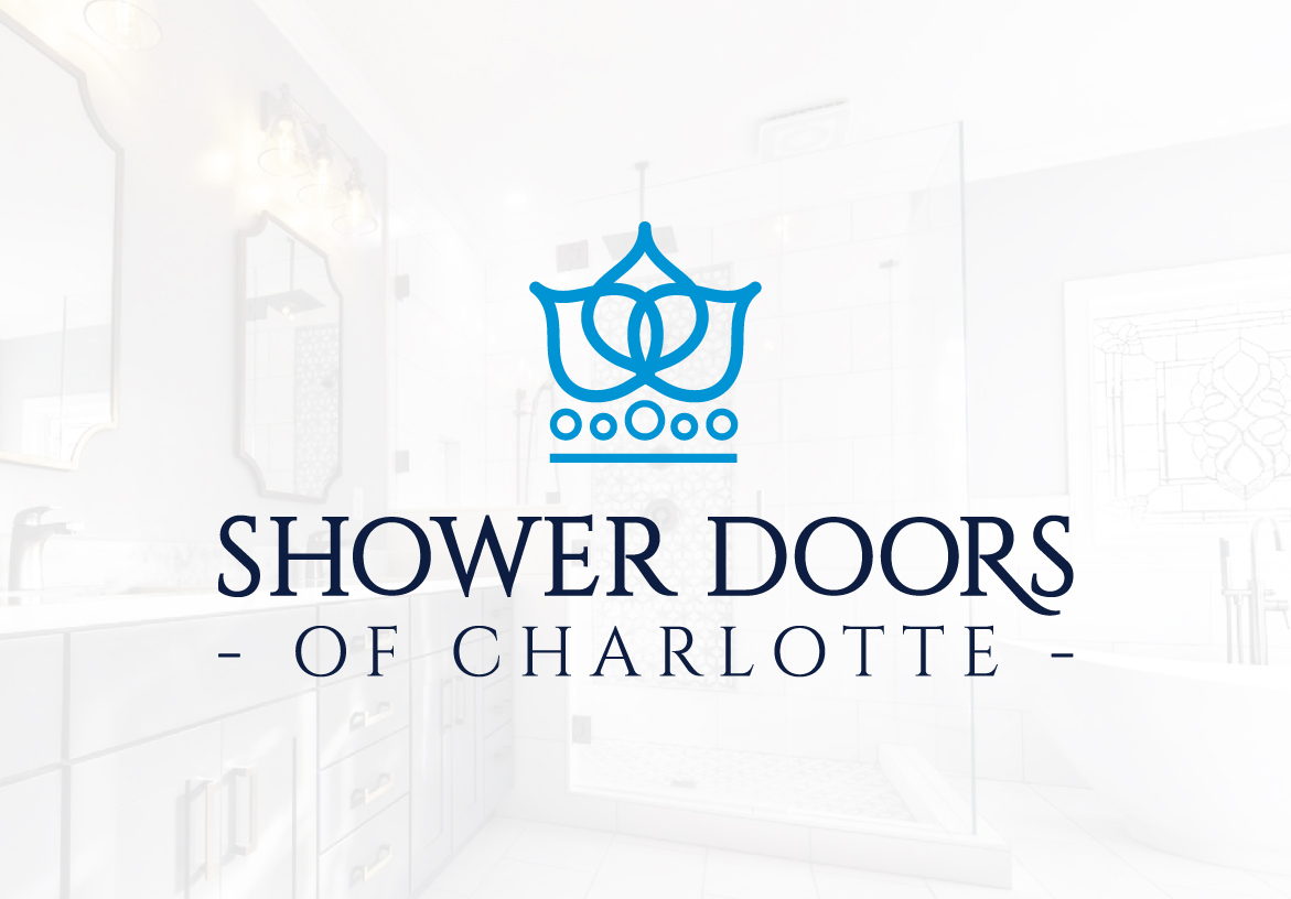 Official logo for Shower Doors of Charlotte featuring a blue stylized water crown icon and clean typography, set against a bright, clean background.