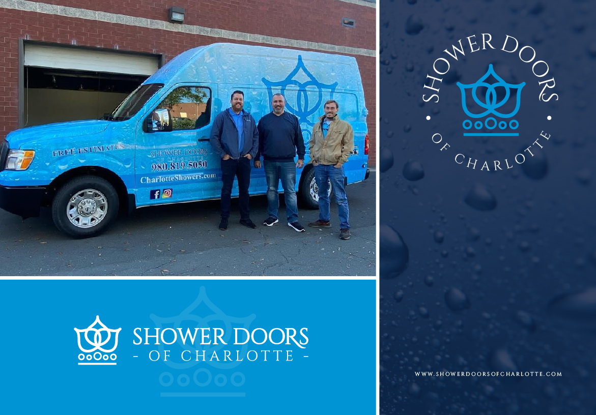 The Shower Doors of Charlotte installation team standing in front of their branded blue service van, displayed next to a dark blue business card design with water droplet details.