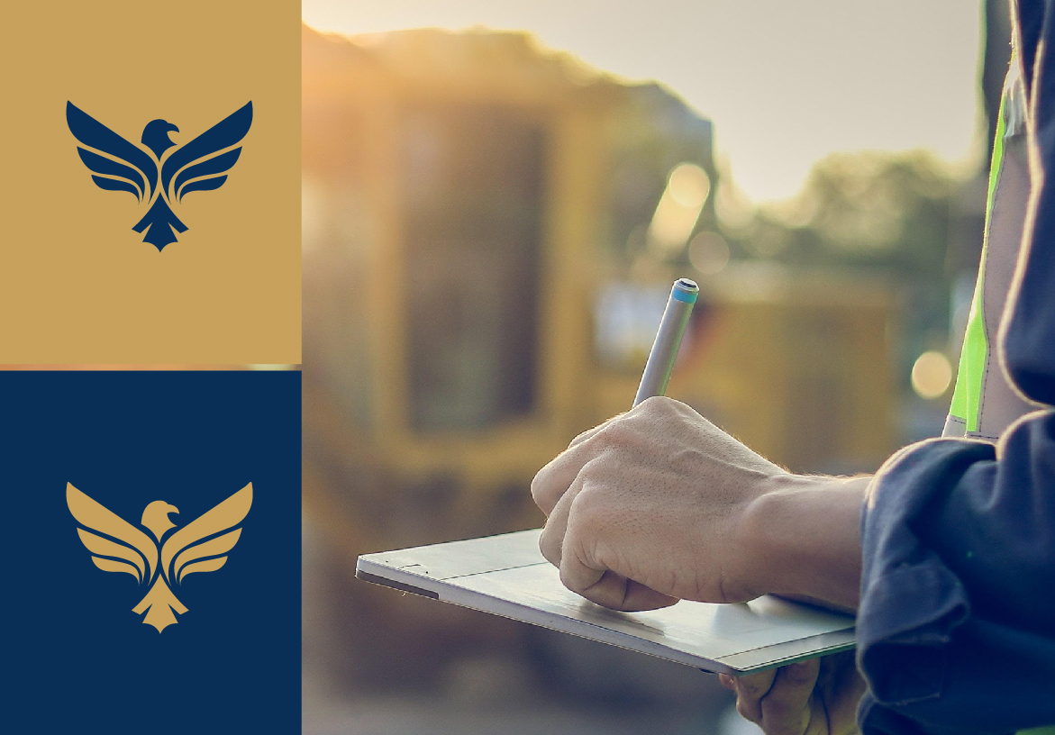 Brand identity collage for Southern Standard Construction displaying the eagle logo on navy and gold backgrounds alongside professional site management photography.