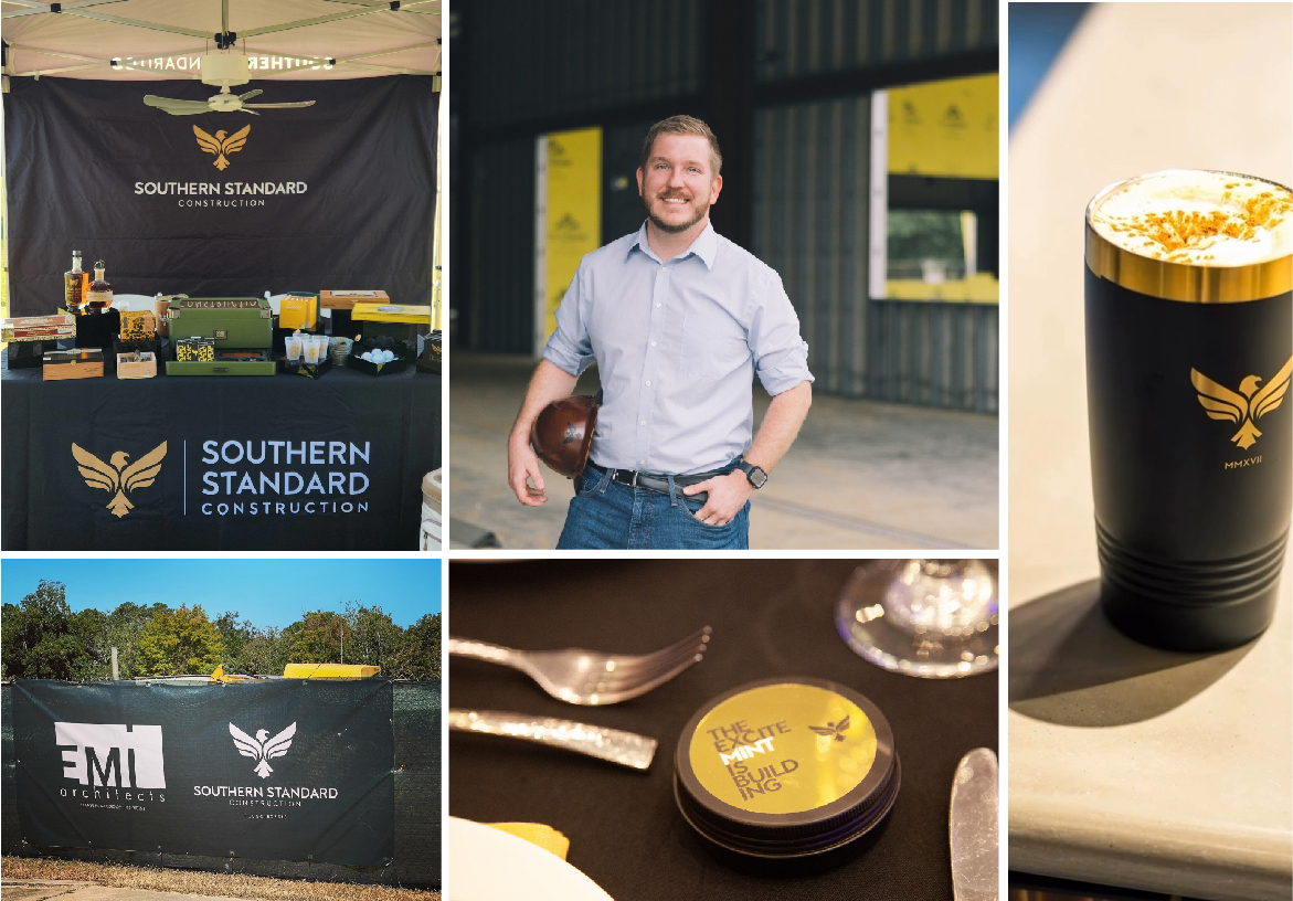 Southern Standard Construction branded merchandise including a black tumbler with gold eagle logo, employee uniforms, and event coasters.