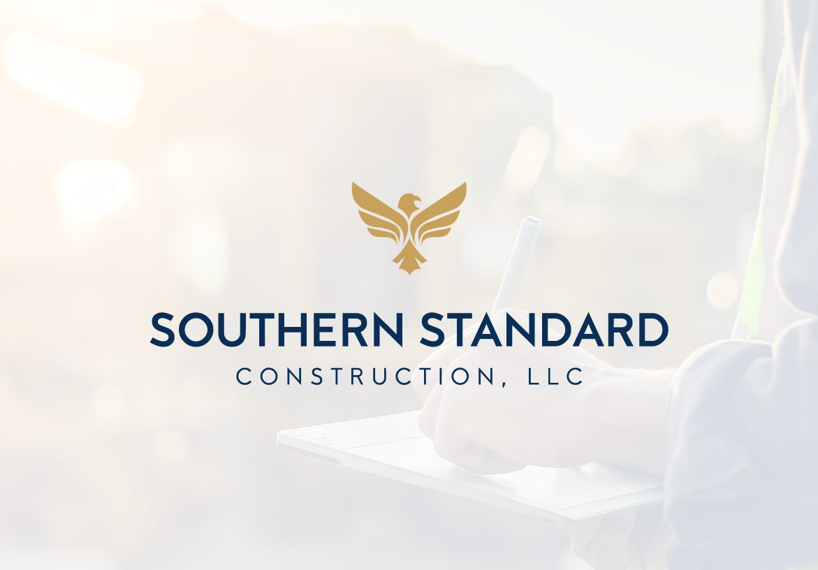Official logo design for Southern Standard Construction, LLC featuring a stylized gold eagle icon and clean navy typography on a white background.