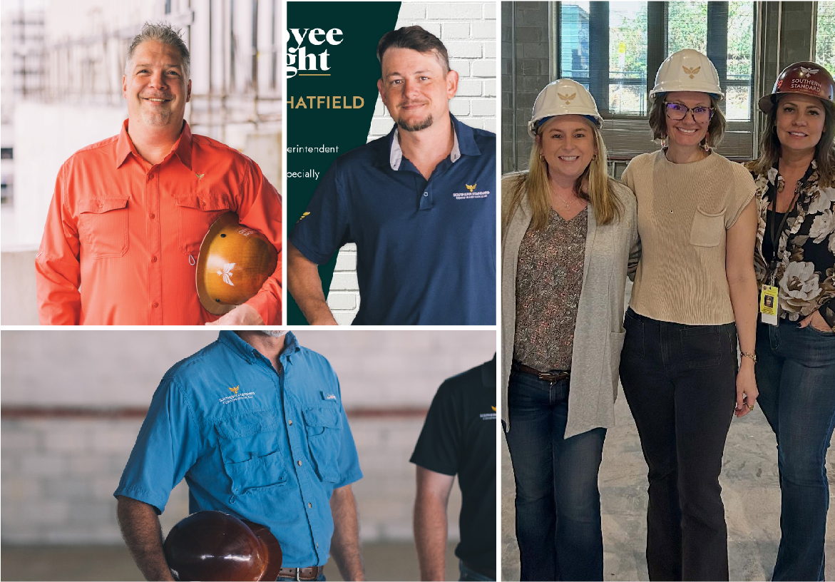 The Southern Standard Construction team posing at a trade show booth and on-site, showcasing their professional staff and branded event signage.