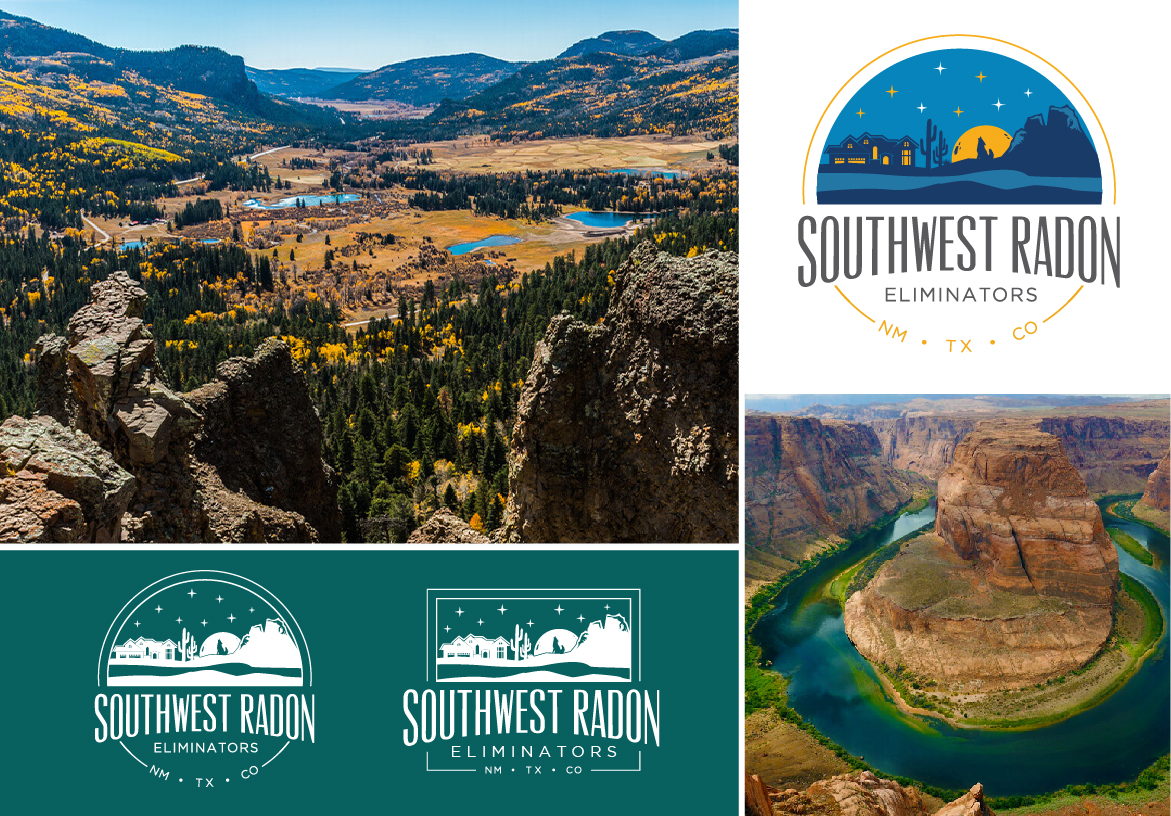 Brand identity showcase for Southwest Radon Eliminators featuring a majestic river canyon view and logo variations symbolizing environmental protection.