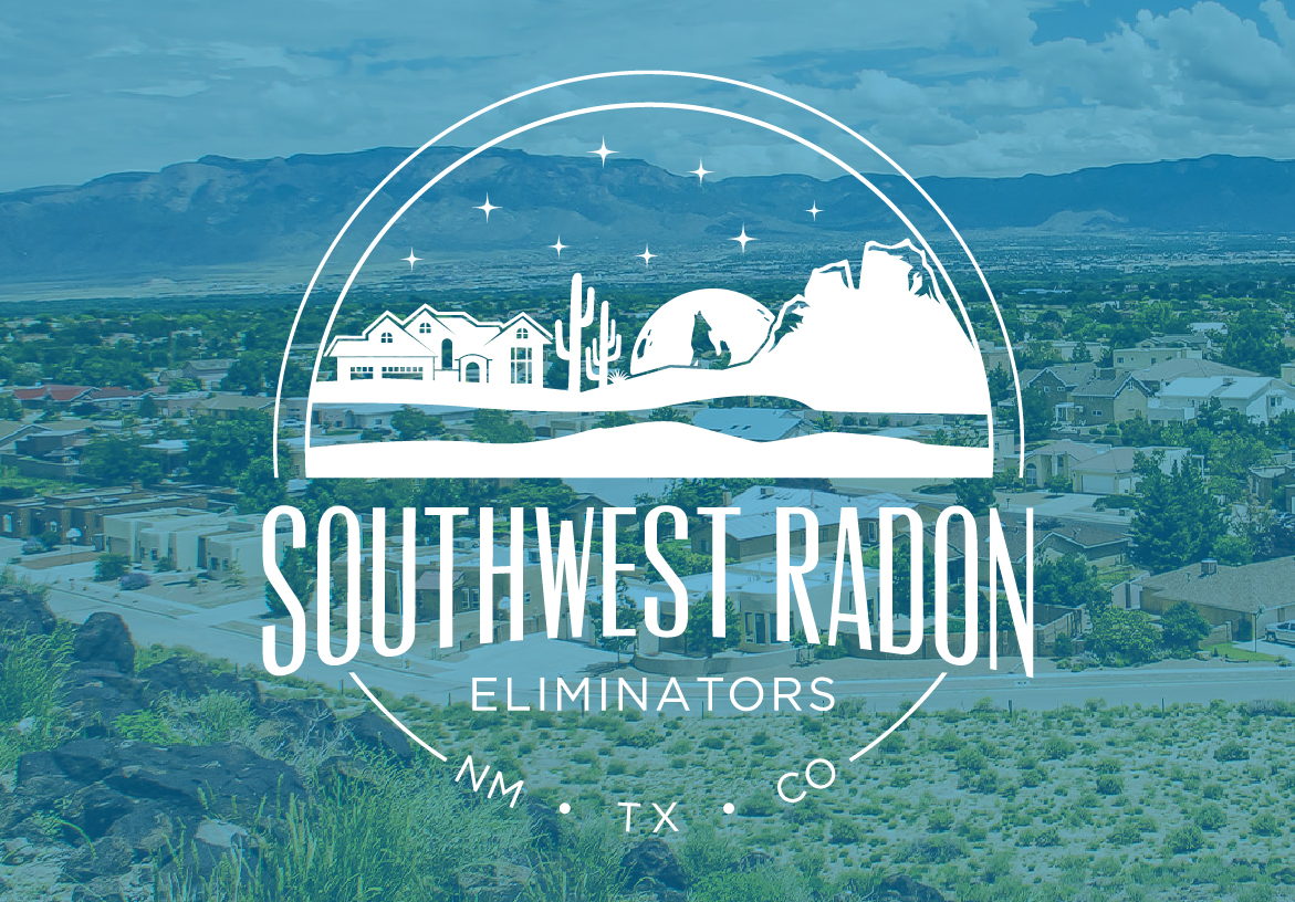 Southwest Radon Eliminators logo overlaid on a blue-tinted landscape, representing environmental safety services in NM, TX, and CO.