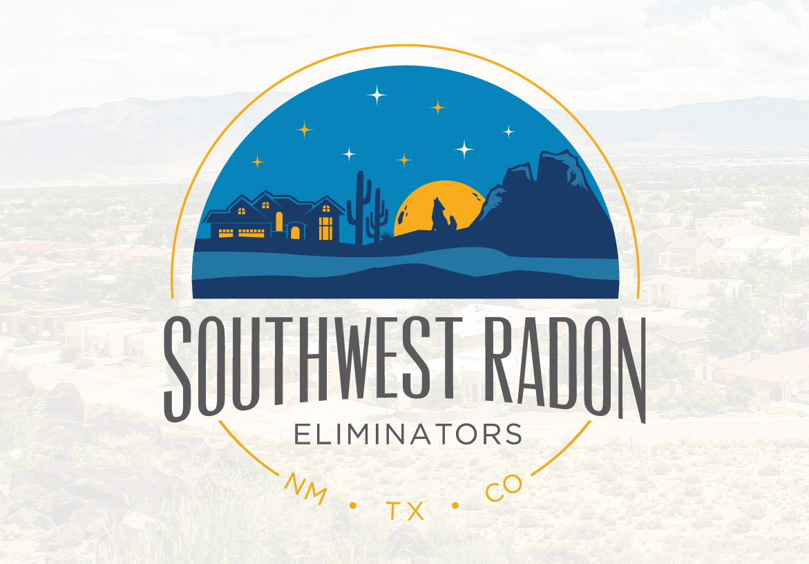 Official logo design for Southwest Radon Eliminators featuring a night sky and desert landscape badge in a professional blue and yellow palette.