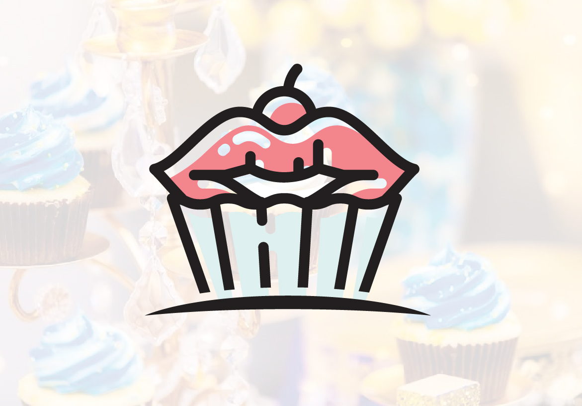 Creative logo icon for Speak Sweetly ATX featuring a cupcake design where the pink frosting forms a pair of lips, overlaid on a soft background of baked goods.