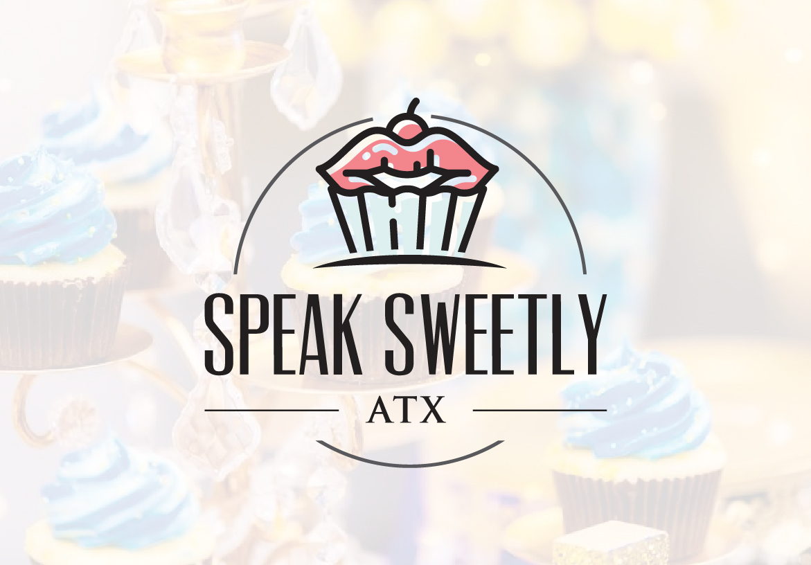 Official logo design for Speak Sweetly ATX, a custom bakery in Austin, featuring the whimsical cupcake-lips emblem and clean typography.