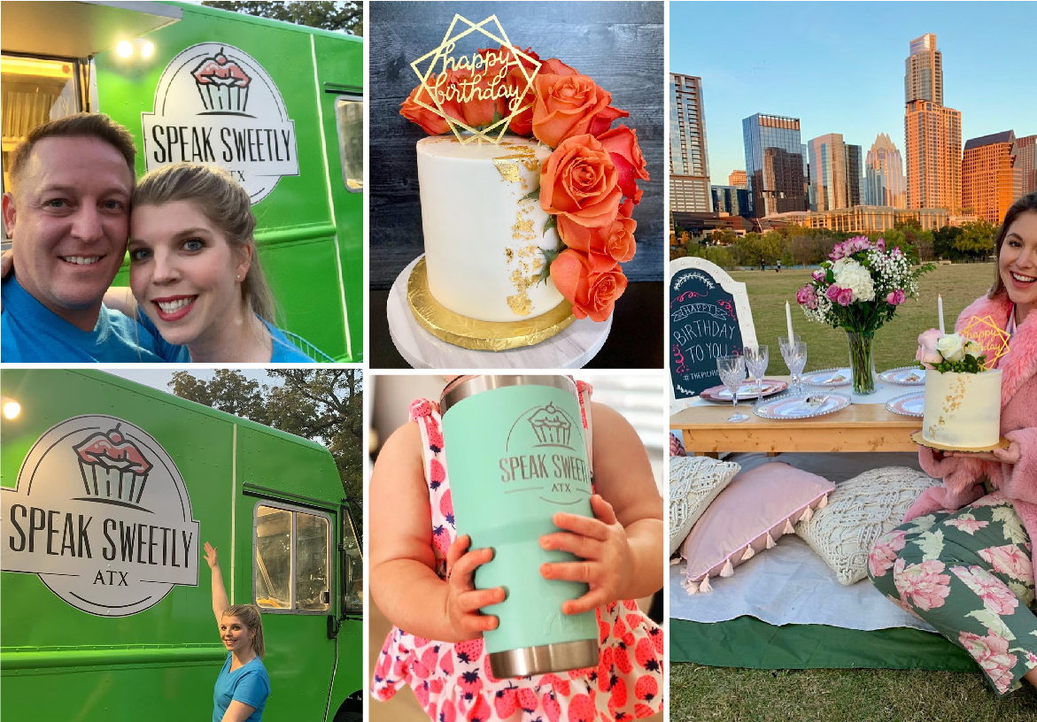 Collage showcasing the bright green Speak Sweetly ATX food trailer, a stunning orange floral wedding cake, and happy customers enjoying the treats.