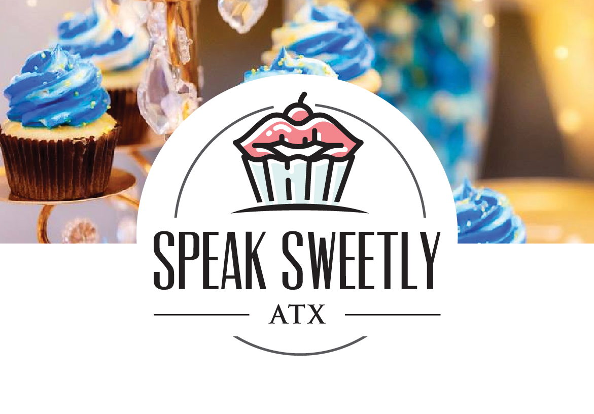 Delicious blue-frosted gourmet cupcakes with pearl sprinkles displayed next to the Speak Sweetly ATX brand identity card.