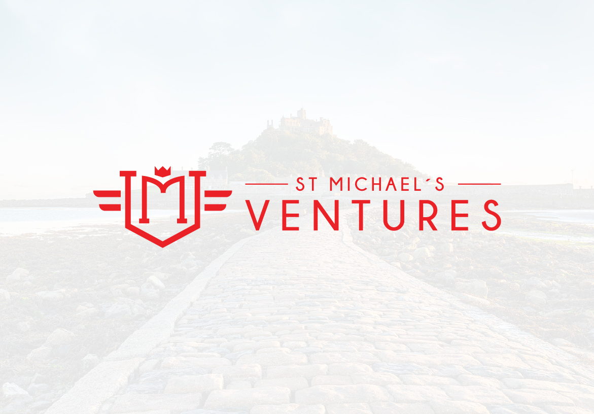 St. Michael's Ventures logo, showing the red shield and 'MV' monogram next to the full company name and 'VENTURES' tagline, with a subtle, bright background of a stone path.