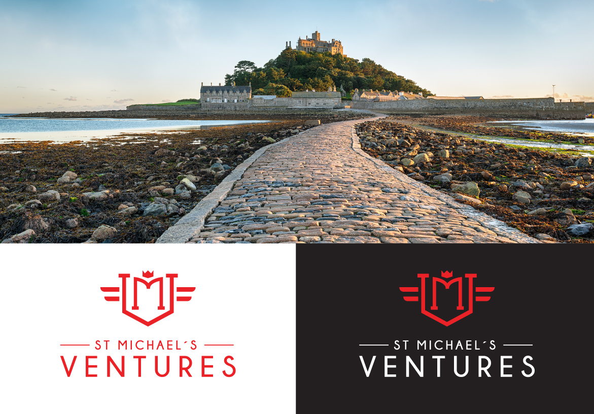 Branding presentation for St. Michael's Ventures, featuring the red logo, a white logo on black, and a photograph of St. Michael's Mount with a stone causeway leading to it.