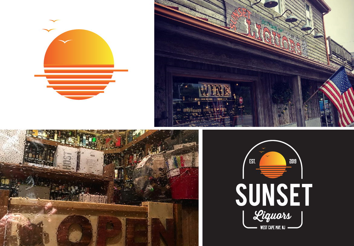 Brand identity showcase for Sunset Liquors, featuring the sunset logo, a view of the boutique interior with shelves of bottles, and the exterior storefront with an American flag.